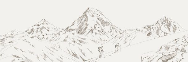 Los escaladores de la cordillera con mochilas caminando a través de la nieve pesada en la temporada de invierno, Escalada y deporte de alpinismo, ilustración vectorial dibujado a mano. Montaña vector ilustración - Vector, imagen