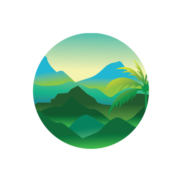 bergen en landschap bomen natuur vector cirkel kleine kleurrijke illustratie - Vector, afbeelding