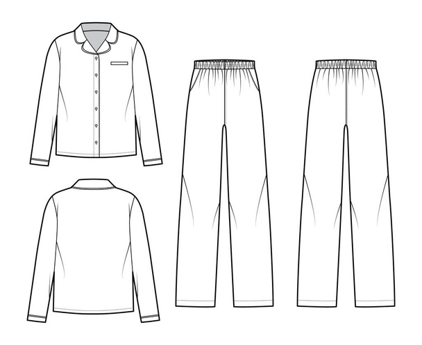 Készlet hálóing pizsama ing, nadrág technikai divat illusztráció teljes hosszúságú, alacsony derék, túlméretezett, zsebek - Vektor, kép