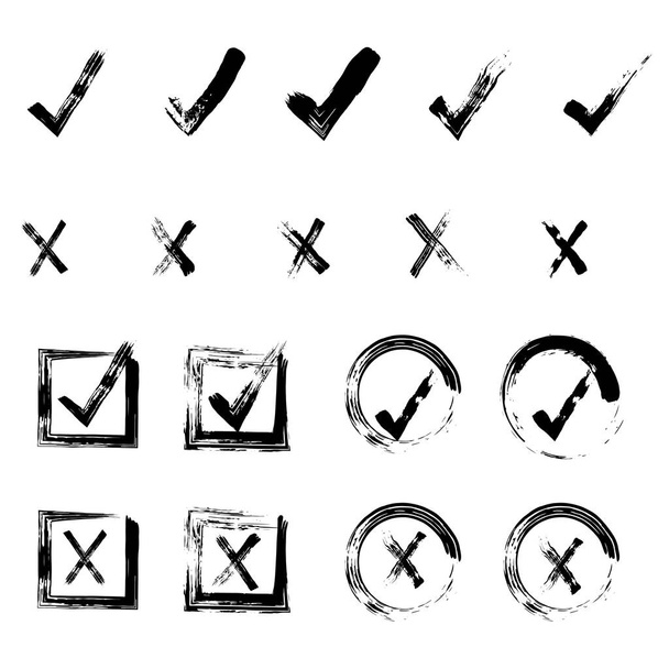 Controleer het getekende vinkje, het vinkje en kruis pictogrammen, het vinkje OK en X pictogrammen, JA en NO tekens, krijt pictogrammen krijt, schetsen, checklist tags. Vector   - Vector, afbeelding