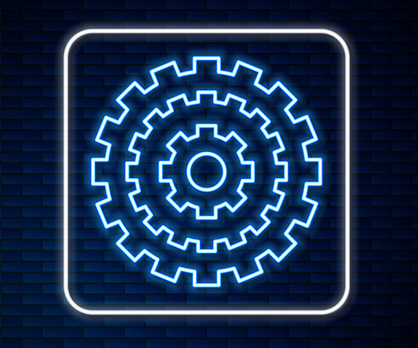Glowing neon line Bicycle cassette mountain bike icon isolated on brick wall background. Rear Bicycle Sprocket. Chainring crankset with chain.  Vector. - Vector, Image