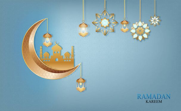 Bannière Moubarak de l'Aïd, vecteur de Karéem du ramadan Souhaitant un festival islamique sur fond de Sky bule. - Vecteur, image