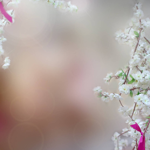 Fondo abstracto borroso con flores de manzana blanca como borde. Enfoque suave, fondo floral de primavera con espacio de copia - Foto, Imagen