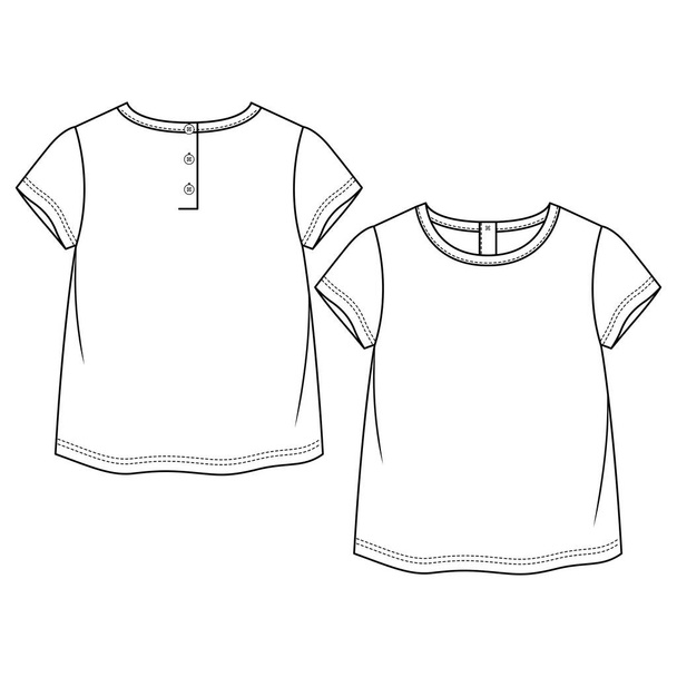 Baby Girls Basic t-shirt moda modelo de esboço plano. Kids Girls Short Sleeves Top ilustração de moda técnica. Botão traseiro Abertura - Vetor, Imagem