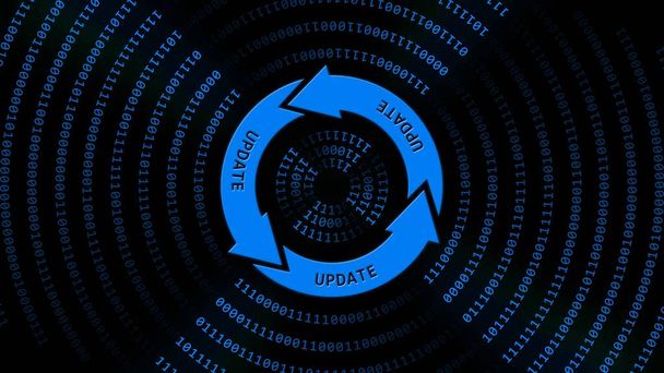 UPDATE надпись на знаке обновления в центре бинарных кодовых кругов - графические элементы в синем на черном фоне - Software Update Computer Program - 3D Illustration - Фото, изображение
