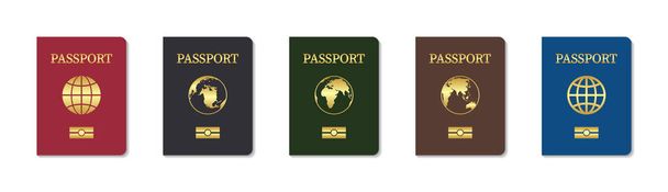 Passhülle. Ledereinband des Passbürgers. Vorlage eines biometrischen internationalen Dokuments mit Chip. Goldene Weltkugel auf rotem und blauem Hintergrund. Ikone für Reisen, Staatsbürgerschaft und Einwanderung. Vektor - Vektor, Bild