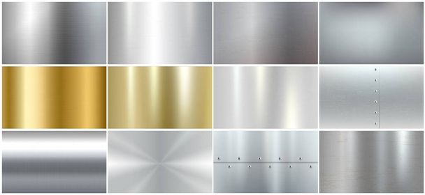 Set of realistic metal textures: brushed steel, silver and golden surfaces templates - Vector, Image