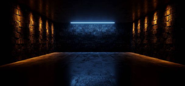 Ciemnoniebieskie świecące neonowe światła Ciepłe reflektory na surowym grunge Kamienne ściany Klub Podium Scena Cyber Retro Cement Betonowa podłoga piwnica Hangar 3D Rendering Ilustracja - Zdjęcie, obraz