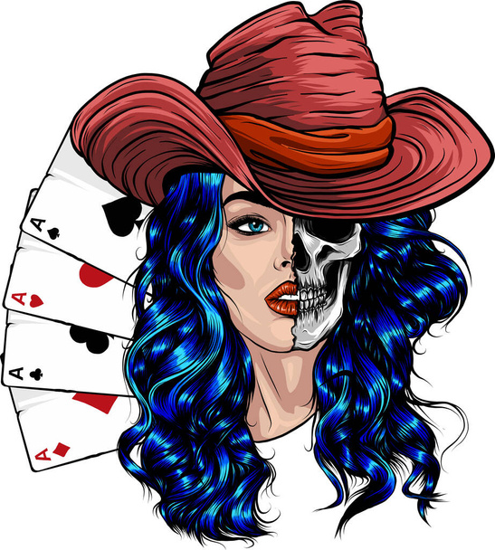Attractive skull Cowgirl With with poker ace - Vector, Image
