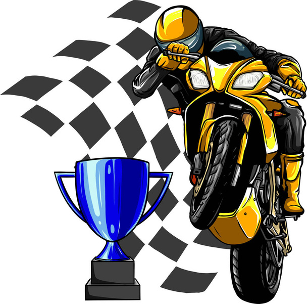 Fahrer auf Sportmotorrad mit Pokal und Rennfahne - Vektor, Bild