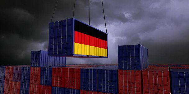 Ein Frachtcontainer mit der deutschen Flagge hängt vor vielen blau und rot gestapelten Frachtcontainern - Konzepthandel - Import und Export - 3D-Illustration - Foto, Bild