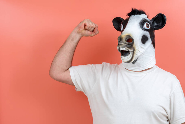 persona con una máscara de vaca levantando el puño sobre un fondo rosa - Foto, Imagen