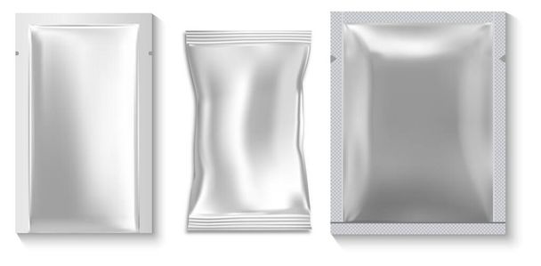 Wet wipe package. Sample pouch, silver sachet mockup. Disposable packet for napkin, isolated object. Foil sachet beauty sheet vector blank. Individual plastic packaging, empty blank - Vector, Image