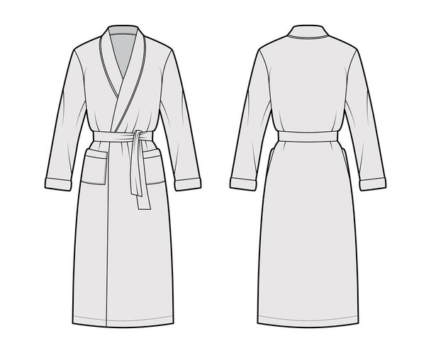 Fürdőköpeny Ruha technikai divat illusztráció a csomagolás nyitó, térd hossza, túlméretes, nyakkendő, zseb, hosszú ujjú - Vektor, kép