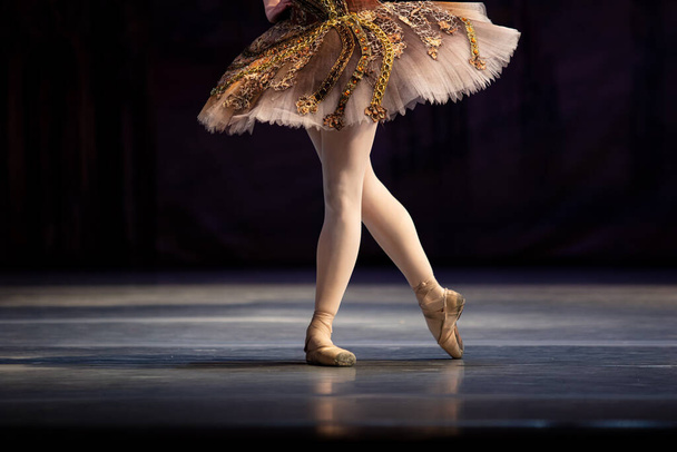 Detailní záběr baletky, jak tančí izolovaně na jevišti. Ballerina nohy detailní up - Fotografie, Obrázek