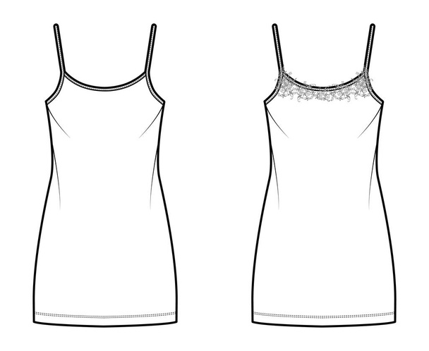 Set di Abiti chemise Pigiama pigiama tecnica illustrazione di moda con mini lunghezza, pizzo, oversize, scoop collo cami - Vettoriali, immagini