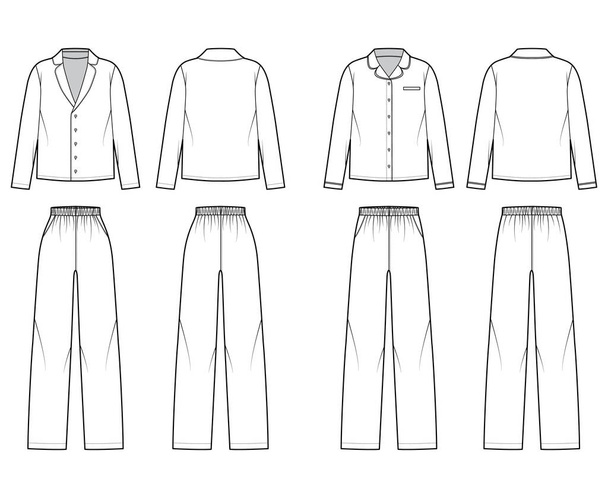 Készlet hálóing pizsama ing, nadrág technikai divat illusztráció teljes hosszúságú, normál alacsony derék, túlméretezett - Vektor, kép