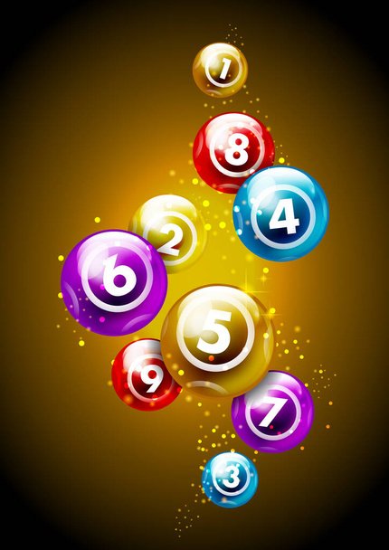 Vektor bunte Lotterie / Bingokugel Zahl von 1 bis 9 isoliert auf goldenem Hintergrund - Vektor, Bild
