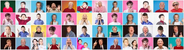 異なる感情を持つ多様な人々。多様な多民族・混合年齢層のコラージュ - 写真・画像
