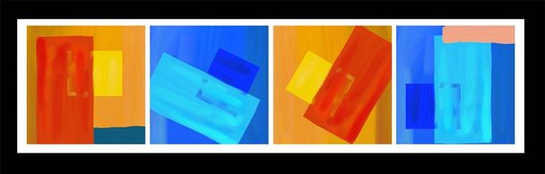 Set of paintings 4 pieces, abstract modern art. Minimalism, squares, stripes. Bright yellow, blue and orange color. - Foto, immagini