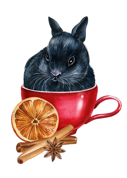 Десерт с кроликом на изолированном белом фоне, окрашенный акварелью, пушистый кролик в чашке, смешной плакат для детей - Фото, изображение
