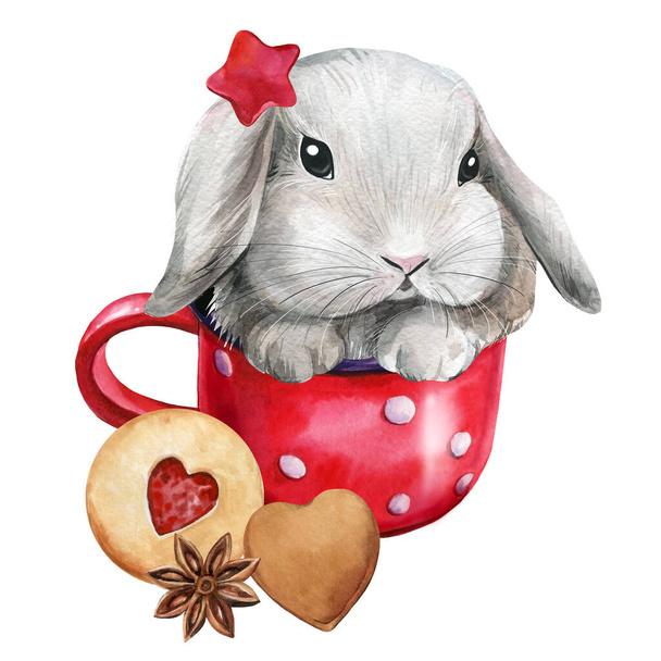 孤立した白い背景にウサギとデザート、水彩で描かれた、カップの中のふわふわのウサギ、子供向けの面白いポスター - 写真・画像