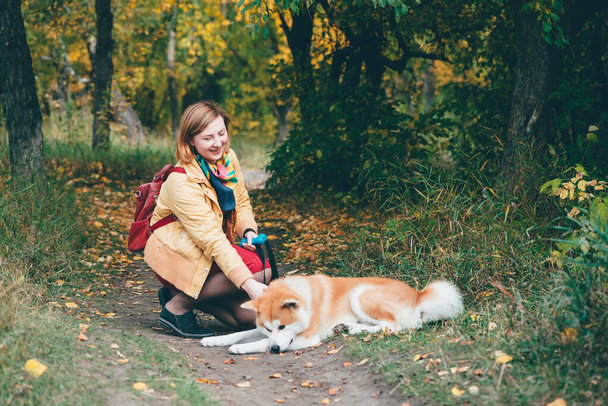 Mladý červený husky pes si hraje s dívkou v parku. Krásná žena a liščí pes v podzimních barvách. Dívka hraje s bílým zázvorem chraplavý na čerstvém vzduchu. Chodící mazlíček s majitelem venku. Barevná podzimní scéna - Fotografie, Obrázek