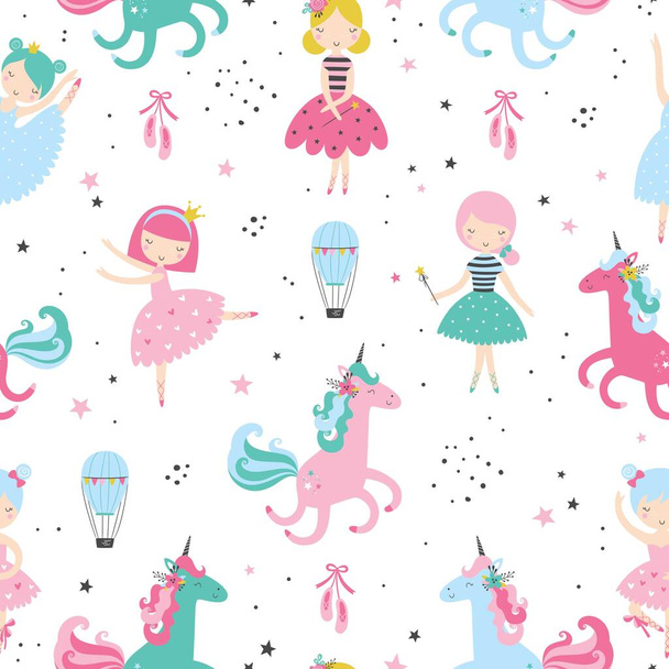 Linda bailarina con un dulce unicornio infantil patrón sin costuras. Textura creativa de vivero. Perfecto para el diseño de niños, tela, envoltura, papel pintado, textil, ropa - Vector, Imagen