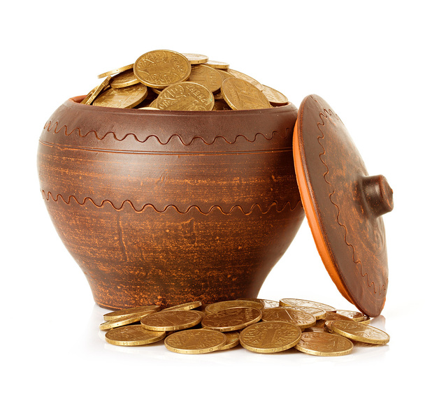 Golden coins in ceramic pot, isolated - Photo, Image