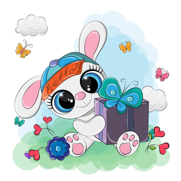 Vektorbild eines Kaninchens mit einem großen Geschenk in den Pfoten. Eine niedliche Illustration im Cartoon-Stil, Schmetterlinge fliegen um den Hasen herum, man sieht an seinem Lächeln, dass er sich darüber freut - Vektor, Bild