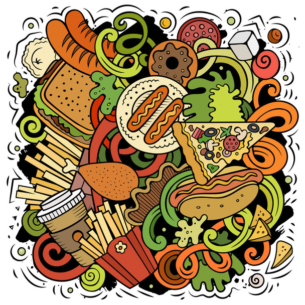 ファーストフードラスターの落書きイラスト。ファーストフードのデザイン。不健康な食品要素やオブジェクト漫画の背景。明るい色面白い画像。すべてのアイテムが分離 - 写真・画像