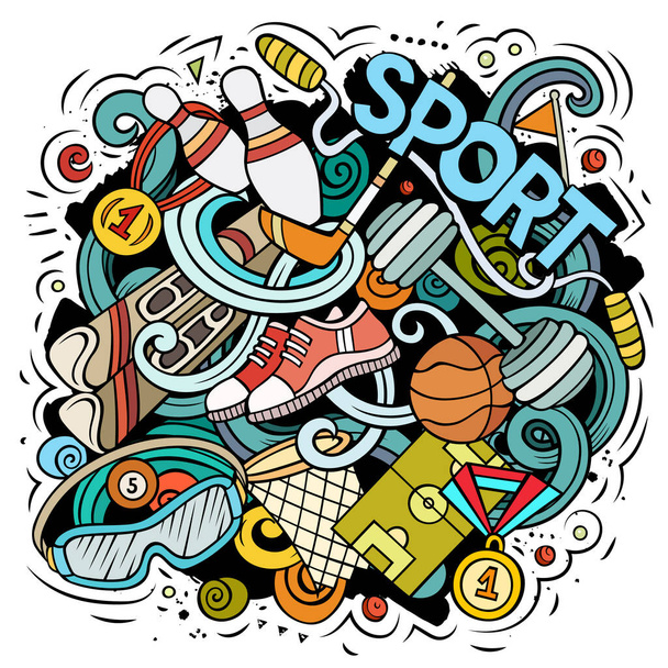 Illustrazione di scarabocchio del fumetto sportivo. Divertente sfondo raster creativo. Elementi e oggetti sportivi. Composizione colorata - Foto, immagini