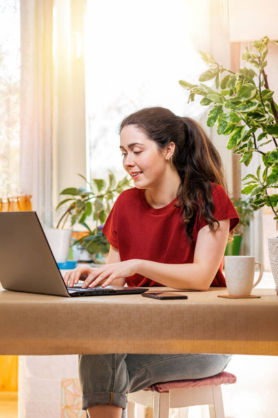 Молода, гарненька жінка з посмішкою працює на своєму ноутбуці. Домашній декор, сонце за вікном. Концепція карантину, самоізоляція та віддалена робота
. - Фото, зображення