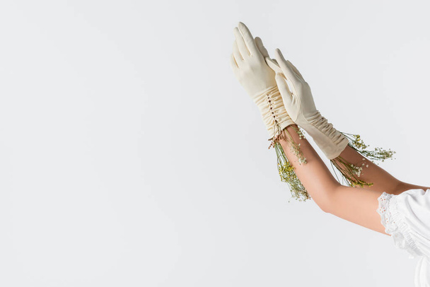 обрізаний вид жінки в рукавичках з весняними квітами ізольовані на білому
  - Фото, зображення