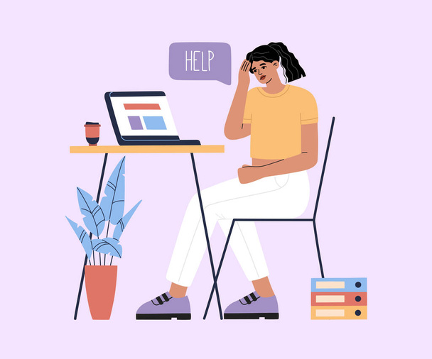 Young girl tired of hard working, sad because of work, woman at office sits by the table with laptop and has a cup of coffee and procrastinating, unhappy person overworked. Modern trendy illustration - Vector, Image