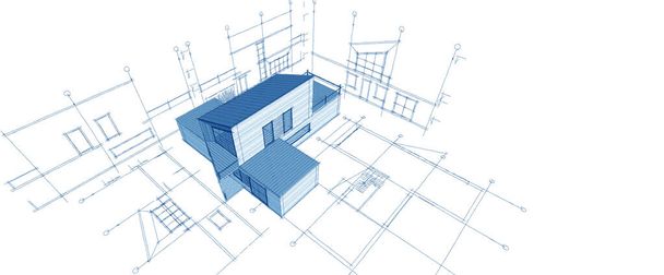 nowoczesny dom projekt architektoniczny szkic 3d ilustracja - Zdjęcie, obraz