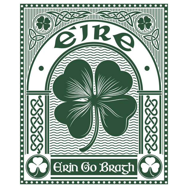 Irisch-keltisches Design im Vintage-Retro-Stil, Kleeblatt im keltischen Stil und Slogan Erin Go Bragh, Illustration zum Thema der St. Patricks Day Feier - Vektor, Bild