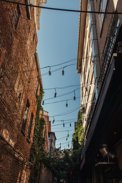 Low angle view of lightbulbs on wires between buildings in Istanbul, Turkey  - Photo, Image