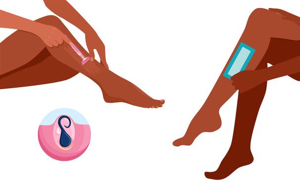 Hair removal concept.Choice between shaving and waxing.Hands with razor and stripe make female legs silky.Hygiene and beauty everyday procedure.Infographic illustration with problems after depilation - Vector, Image