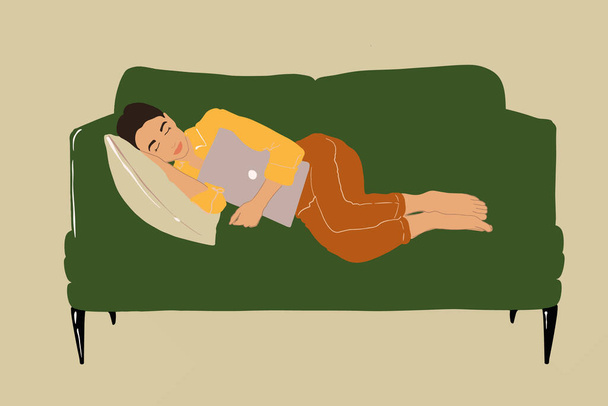 A nő elaludt a kényelmes barna kanapén.. - Vektor, kép