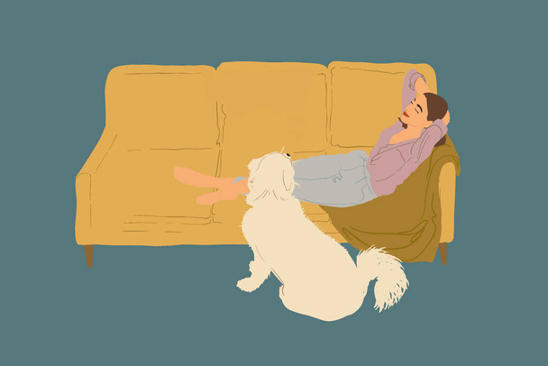 Nainen istuu sohvalla kotona koiran kanssa.. - Vektori, kuva