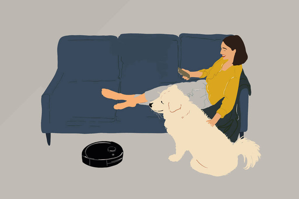 Женщина сидит дома на диване с собакой. - Вектор,изображение