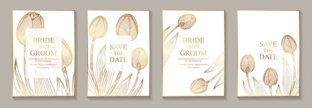 Set luxe bloemen bruiloft uitnodiging ontwerp of wenskaart sjablonen met gouden tulpen op een witte achtergrond. - Vector, afbeelding