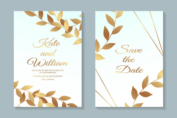 Set van moderne luxe bruiloft uitnodiging ontwerp of kaart sjablonen voor het bedrijfsleven of presentatie of begroeting met gouden bladeren op een witte achtergrond. - Vector, afbeelding