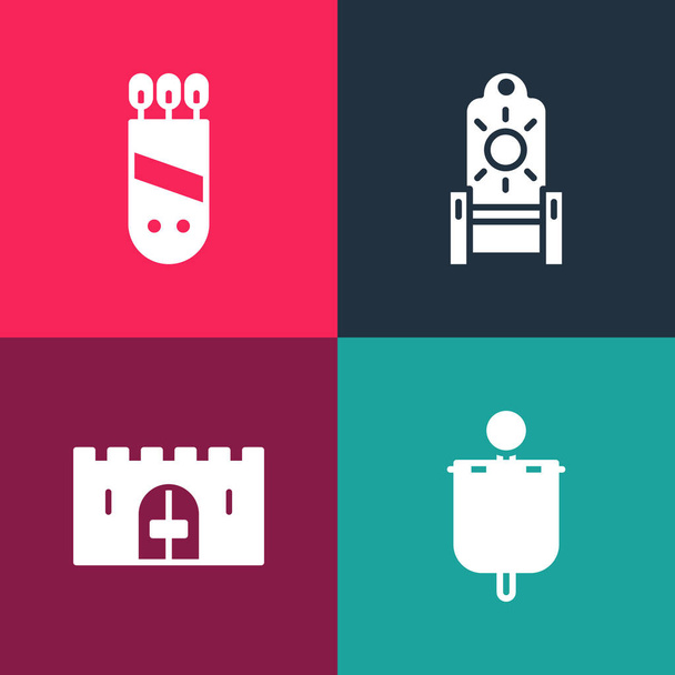 Set pop art Medieval flag, castle gate, throne and Quiver with arrows icon. Vector. - Vector, Image