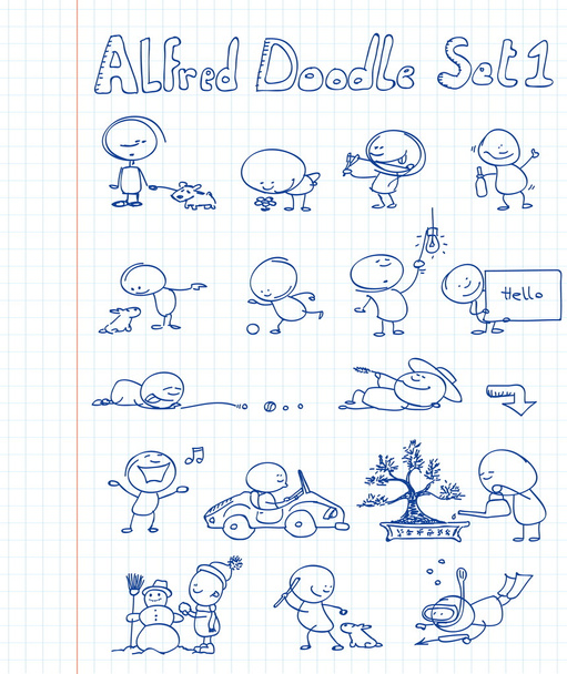 16 viileä ja hauska doodles featuring Alfred Doodle eri tilanteissa
 - Vektori, kuva