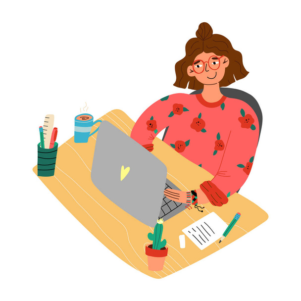 Író, blogger, diáklány egy laptopon dolgozik. Online tanfolyamok, távoli tanulás és tanulás, home office koncepció.  - Vektor, kép