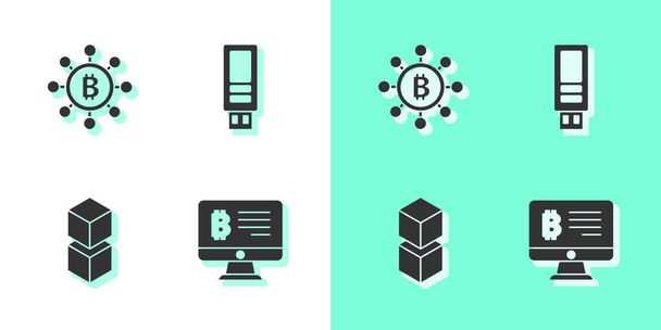 Establecer minería bitcoin desde el monitor, tecnología Blockchain Bitcoin, y el icono de la unidad flash USB. Vector. - Vector, imagen