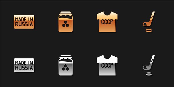 Σετ Made in Russia, Jar of honey, ΕΣΣΔ t-shirt και Ice hockey stick και puck icon. Διάνυσμα. - Διάνυσμα, εικόνα