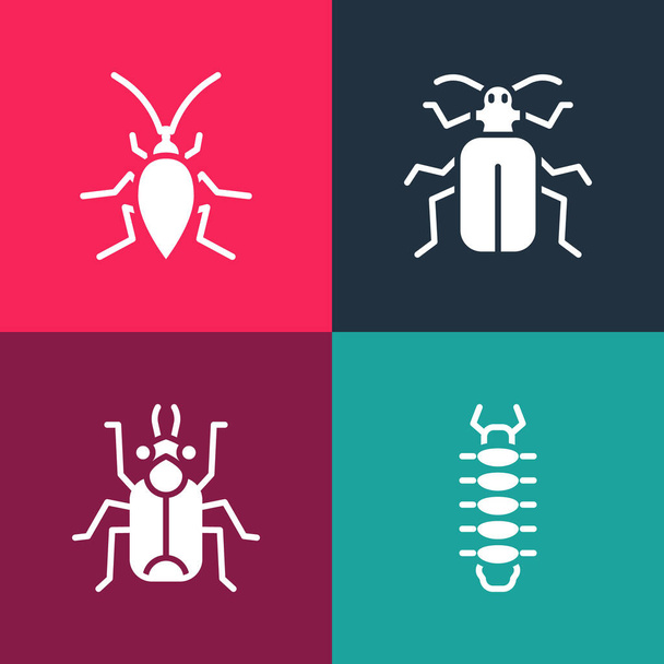 Set pop art Centopiedi, scarafaggio, scarafaggio e icona dello scarafaggio. Vettore. - Vettoriali, immagini